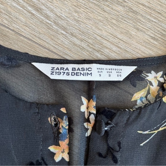 ZARA Black Floral Sheer Chiffon Dress, Midi Oversized Boho Smock Dress, small - Picture 7 of 16
